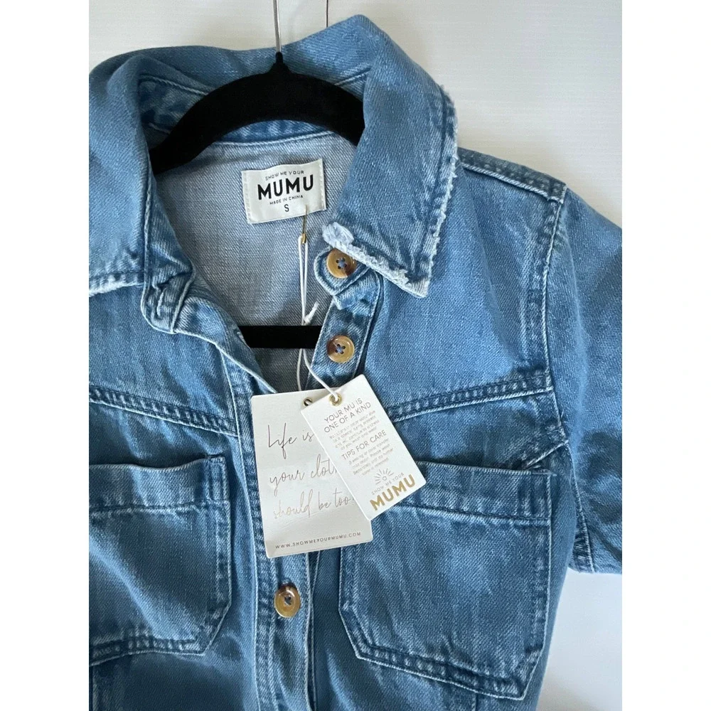 Show Me Your Mumu Denim Jean Dress Longsleeve Dress Belted Raw Hem SMALL NWT - Picture 3 of 7